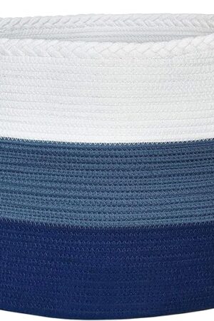 Casaphoria Stuffed Animal Storage & Laundry Hamper - Woven Cotton Rope Basket, 21.7 * 21.7 * 13.8in - Blanket Basket for Living Room (White, Cadet Blue, Navy Blue)