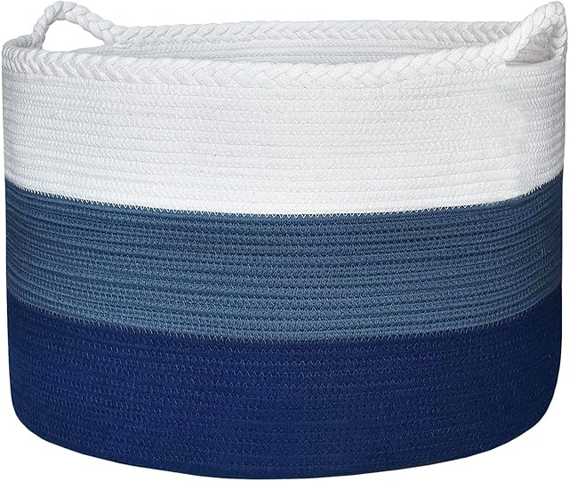 Casaphoria Stuffed Animal Storage & Laundry Hamper - Woven Cotton Rope Basket, 21.7 * 21.7 * 13.8in - Blanket Basket for Living Room (White, Cadet Blue, Navy Blue)