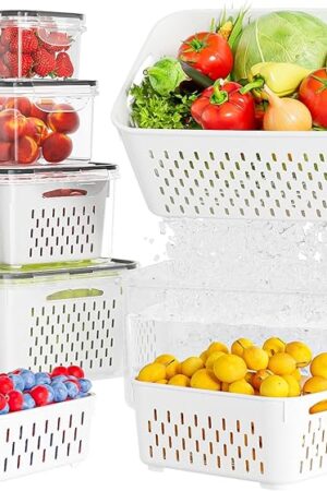 5 Pack Fruit Storage Containers for Fridge with Removable Colanders - Food Storage Containers with Lids, BPA-Free Produce Containers Keep Fruits, Vegetables, Berry, Meat Fresh Longer