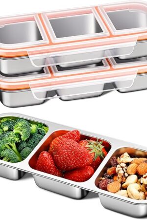 3 Pack Stainless Steel Snack Containers for Kids & Adults - Leek Proof Metal Bento Lunch Box with 3 Compartment - Lunchable Containers for Daycare, School, Work, Travel - Stackable Bento Snack Box