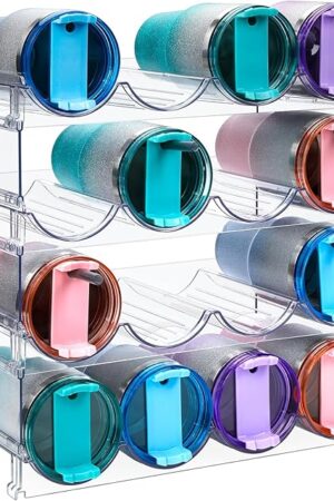Water Bottle Organizer for Cabinet, Stackable Water Bottle Storage Rack, 4 Tier Water Bottle Holder for Kitchen Pantry, Tumbler Travel Mug Cup Organizer, Hold 16 Bottles