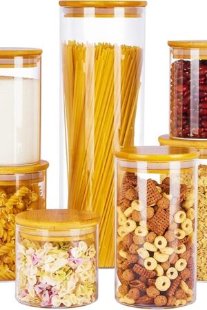 Vtopmart Glass Food Storage Jars, 7 Pack Kitchen Containers with Airtight Bamboo Wooden Lids for Pasta, Cookies, Nuts, Coffee Beans, Cereal, Canisters Set for Flour, Pantry Organization, BPA Free