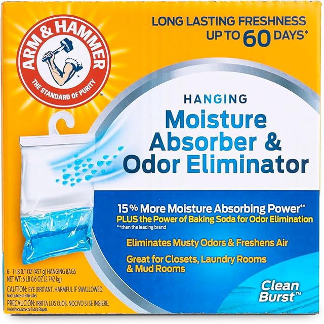 Arm & Hammer Hanging Moisture Absorber and Odor Eliminator, 16.1 oz., 6 Pack, Clean Burst, Moisture Absorbers for Closet and Small Rooms, Long-Lasting Freshness