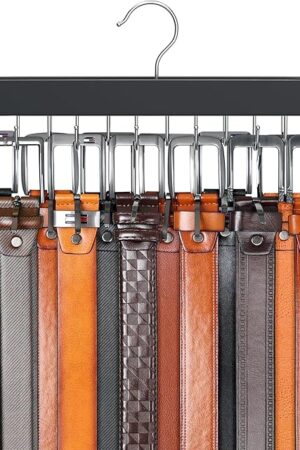 Belt Hanger for Closet Max 42 Belts, Sturdy Wood Belt Rack Closet Accessories with 14 Hooks Belt Organizer for Closet Organizers and Storage -Black 1 Pack
