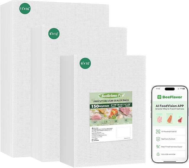 Vacuum Sealer Bags for Food Storage 150 Gallon 11" x 16" and Quart 8" x 12" and Pint 6" x 10", with BPA-Free, Commercial PreCut Vacuum Seal Bags for Sous Vide & Seal a Meal