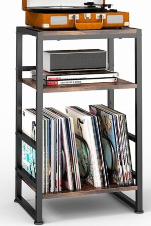 3-Tier Vinyl Record Player Stand, End Table for Album Storage, 28" H Record Player Stand with Storage Up to 120 Albums, Side Table for Living Room Bedroom (Rustic Brown)