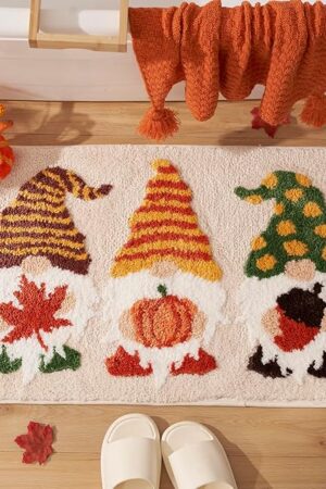 ELDONE Fall Bathroom Decor Gnomes Rug with Pumpkin Maple Leaf, Cute Autumn Non-Slip Rug for Thanksgiving Home Decor, Funny Bath Mat for Bedroom Kitchen, 30" x 20"