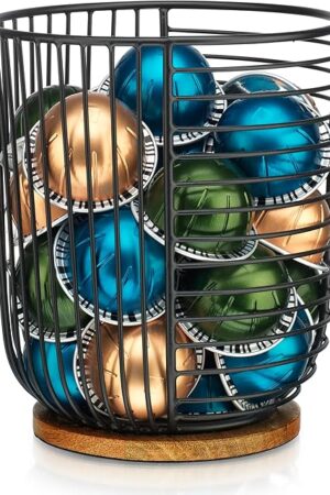 Coffee Pod Holder -Black Wire K Cup Storage with Wooden Base - Large Capacity Slim Design - Modern Coffee Basket Decor for Kitchen Countertop for Keurig Kcups & Espresso Capsules