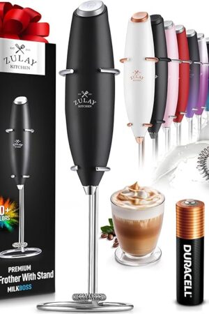 Zulay Kitchen Powerful Milk Frother Wand With 2 Duracell Batteries - Ultra Fast Handheld Drink Mixer - Electric Whisk Foam Maker for Coffee, Lattes, Cappuccino, Matcha, Hot Chocolate & Creamer - Black