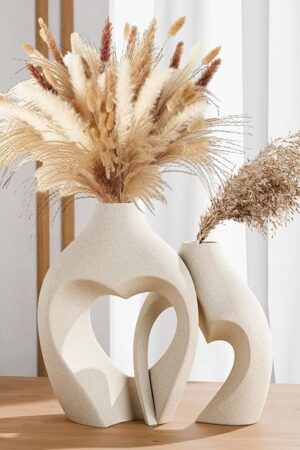 White Vases for Decor, Heart Shaped Ceramic Vase Set of 2, Nordic Heart Shaped Vases, Minimalist Decorative Vase for Table Centerpiece Wedding Dining Living Room Office House Decoration