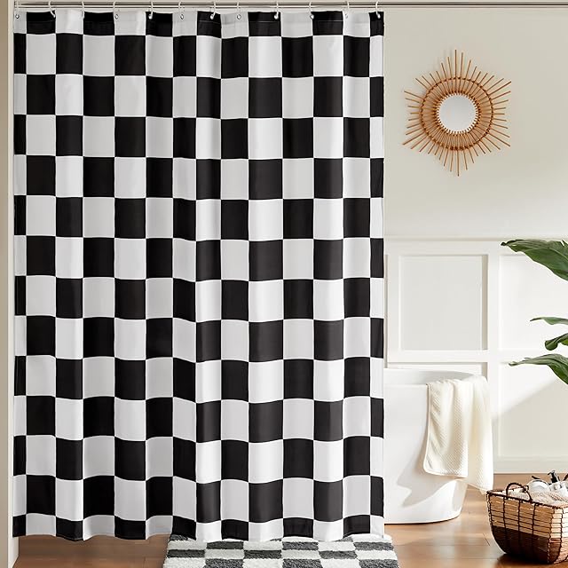 Checkered Shower Curtain, Black and White Shower Curtains for Bathroom, Cute Retro Checkerboard Shower Curtain Vintage Aesthetic, Machine Washable Fabric Bath Curtain, 72''x72''