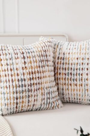 Boho Throw Pillow Covers Set of 2-18x18 Inch Farmhouse Tufted Pillow Covers Neutral Chenille Boho Throw Pillows, Accent Fluffy Pillow Cases for Couch Living Room Bed Sofa, Yellow and White