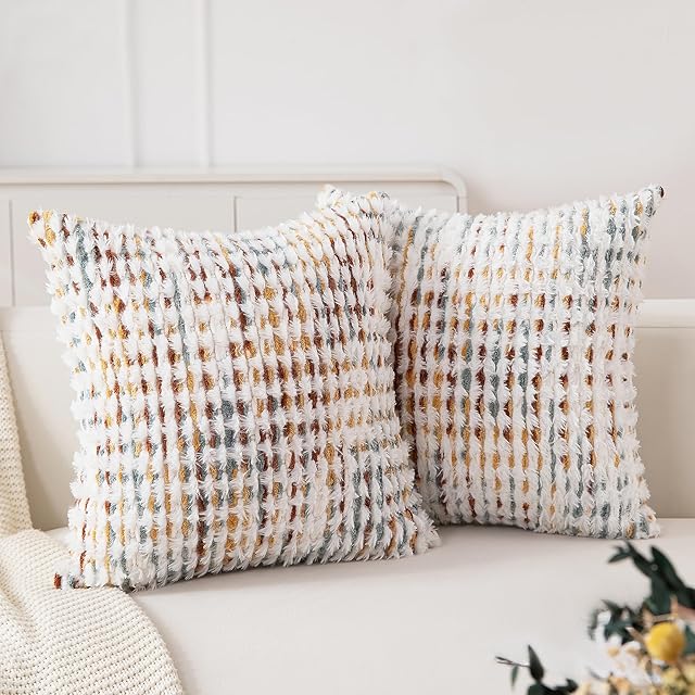 Boho Throw Pillow Covers Set of 2-18x18 Inch Farmhouse Tufted Pillow Covers Neutral Chenille Boho Throw Pillows, Accent Fluffy Pillow Cases for Couch Living Room Bed Sofa, Yellow and White