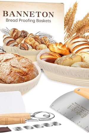 Banneton Bread Proofing Basket, 9" Round & 10" Oval Sourdough Bread Baking Supplies, Bread Making Supplies Tools, with Bread Lame, Danish Whish, Bowl Scraper, Sourdough Scraper, and Linen Liners
