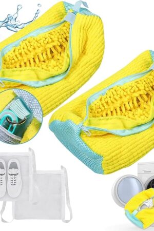 2 Pcs Shoe Washing Machine Bags, XXL Shoe Laundry Bags for Washer and Dryer, Sturdy Zipper with Hook Design, 2 Sneaker Dry Bags Included, Reusable Washing Bag for Sneaker, Tennis, Yellow 2 Packs