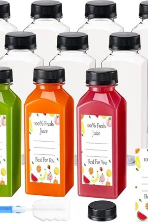 BOOMIBOO Juice Bottles with Caps 10Pcs 12oz, Plastic Bottleswith Caps, Clear Reusable Water Bottle, Used for Juicing Bottles, Smoothie Bottle, Juice Containers - with 10Pcs Labels & Bottle Brush