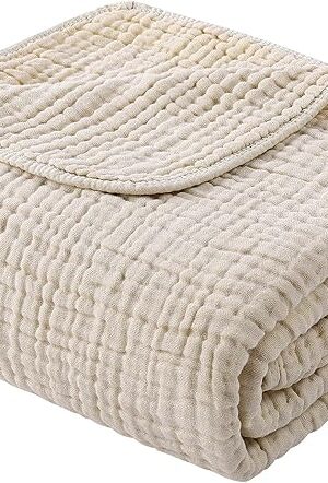 Yoofoss Muslin Blanket 100% Organic Cotton Large Twin Size 60" x 80" for Bed Couch Summer Gauze Blanket for Adults Lightweight and Breathable Apricot White