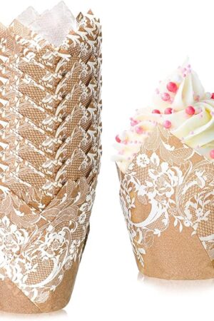 200 Pcs Wedding Tulip Cupcake Liners Bridal Shower Muffin Liners Baking Cups Greaseproof Paper Cupcake Wrappers Cups for Party Wedding Anniversaries Christmas Birthdays(Lace)