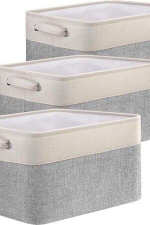 BALEINE 3 Pack Fabric Storage Bins for Shelves, Linen Storage Baskets for Organizing, Decorative Closet Bins for Clothes, Home (Grey, 15"x11"x9.5")