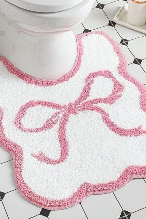 Bow Toilet Rug U-Shaped Luxury Scalloped Bathroom Mat Non Slip Cute Microfiber Soft Plush Bath Rugs Pastel Bathroom Decor Coquette Stuff for Toilet Base(Pink,24 x 20 Inches)