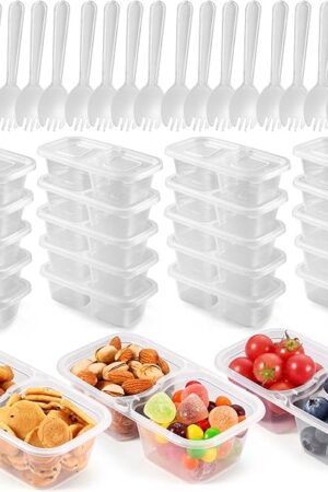20 Set Double Compartment Condiment Containers with Lids & Spoons, Reusable Snack Containers for Lunches Picnics Parties, BPA-Free, Microwave Safe, Transparent