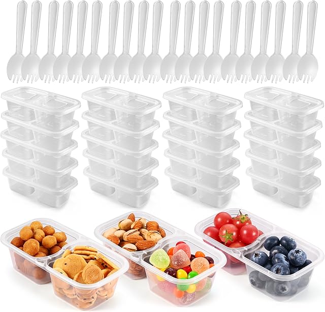 20 Set Double Compartment Condiment Containers with Lids & Spoons, Reusable Snack Containers for Lunches Picnics Parties, BPA-Free, Microwave Safe, Transparent