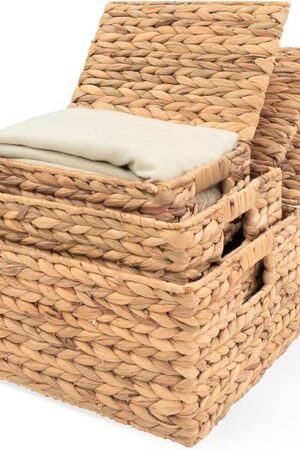 Wicker Storage Baskets with Lid, Basket With Lid Decorative Storage Rectangle 14"D X 11"W X 7"H Wicker Storage Basket With Lid Large Rattan Storage Box Hyacinth Baskets