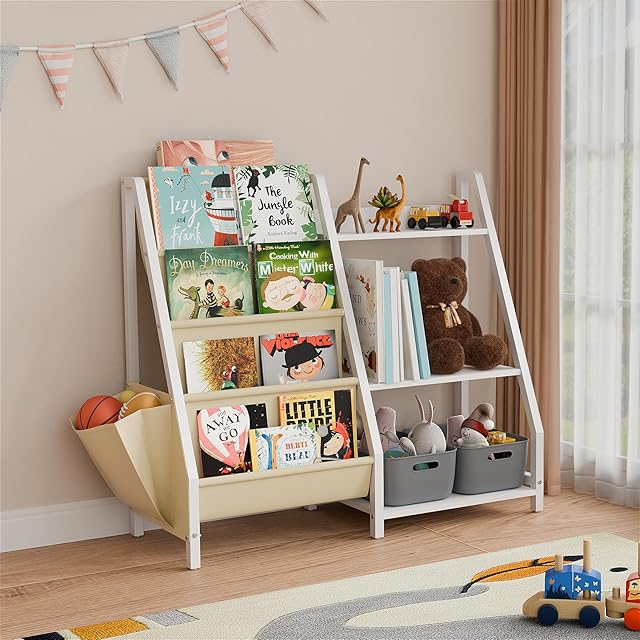 Kids Bookshelf and Toy Storage Organizer for Toddlers and Baby – 4 Tier Montessori Book Shelf for Kids Room Nursery Bedroom or Playroom, Childrens Bookcase (White)