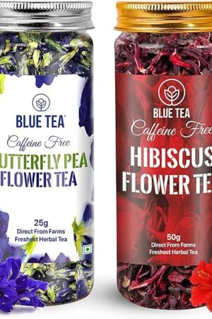 BLUE TEA Combo - Butterfly Pea & Hibiscus Herbal Tea, Caffeine Free | Chemical Free | Flower Based | Reusable Pet Jar | 0.88 Oz (25+ Cups) & 1.76 Oz (50 Cups)