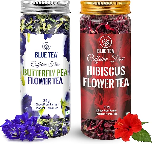 BLUE TEA Combo - Butterfly Pea & Hibiscus Herbal Tea, Caffeine Free | Chemical Free | Flower Based | Reusable Pet Jar | 0.88 Oz (25+ Cups) & 1.76 Oz (50 Cups)