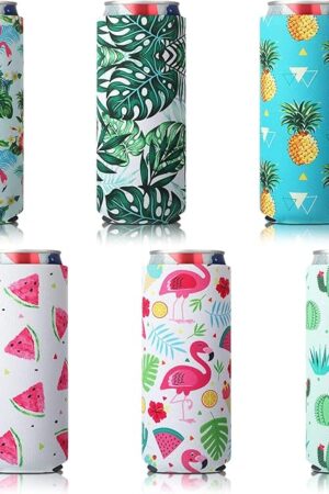BBTO Slim Can Sleeves, Reusable Neoprene Bottle Insulator Sleeve, 12 oz Beverage Can Coolers for Energy Drink and Beer Cans, 6 Pieces(Hawaii Style)