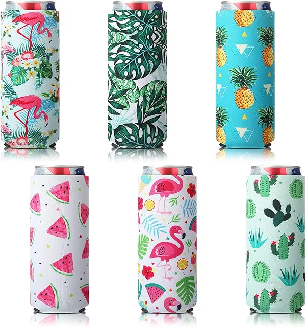 BBTO Slim Can Sleeves, Reusable Neoprene Bottle Insulator Sleeve, 12 oz Beverage Can Coolers for Energy Drink and Beer Cans, 6 Pieces(Hawaii Style)