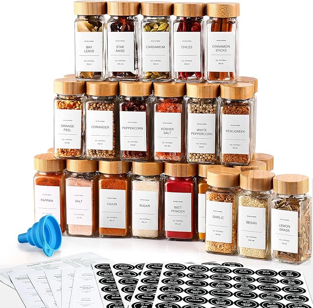 DWTS DANWEITESI 36 Pcs Glass Spice Jars - 4oz With Bamboo Lids, Empty Bottles With Labels, Kitchen Spice Jars With Shaker Lids
