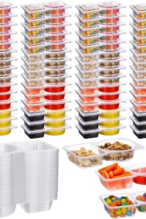 30 PCS Double Compartment Condiment Container with Lids, 5 oz Disposable Plastic Mini Sauce Cups, 2 Compartment Snack Box, Grab and Go Snack Containers Reusable for Salsa (2 compartment-30pcs)