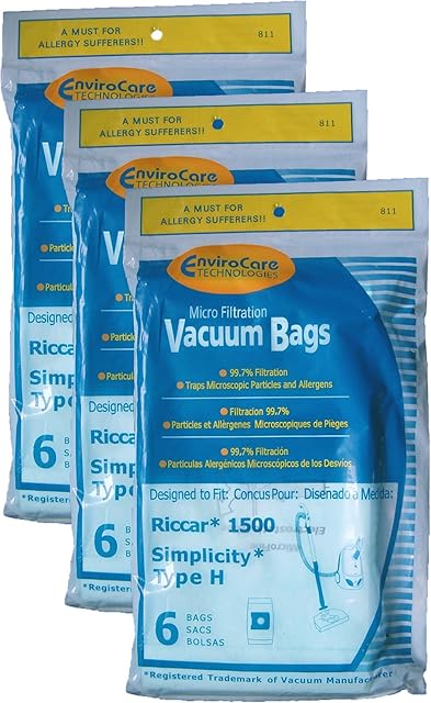 EnviroCare Replacement Designed To Fit Riccar Simplicity Type H Vacuum Bags, Canister Vacuum Cleaners, 18 Pack