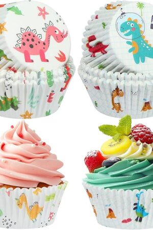 Dinosaur Cupcake Liners,100 Counts Cartoon Dinosaur Muffin Liner Standard Paper Baking Cup Cupcake Wrappers for Baby Shower Gender Reveal Jungle Animal Themed Birthday Party Candy Cake Decor