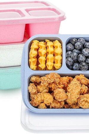 Bento Box For Kids, 4 Pack 3 Compartments Meal Prep Containers Reusable Lunch Containers, Food Storage Containers With Lids, Stackable Snack Boxes for School, Work, and Travel