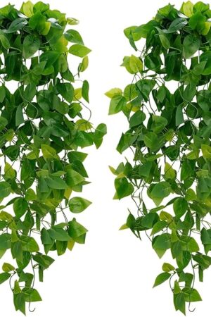 BLEUM CADE Fake Hanging Plants, 2pcs Artificial Hanging Plant, Faux Pothos Vines Hanging Plant Greenery for Wall Home Living Room Indoor Outdoor Decor (No Baskets)