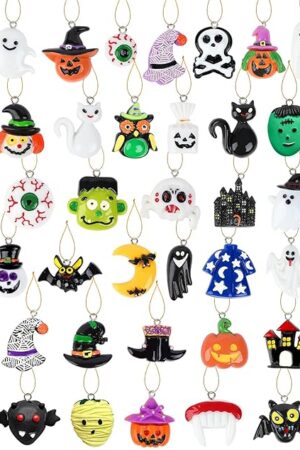 36PCS Mini Resin Halloween Ornaments - Tiny Hanging Decorations for Tree, Miniatures Figurines Charms With String, Resin Pendants for Party Decor, Small