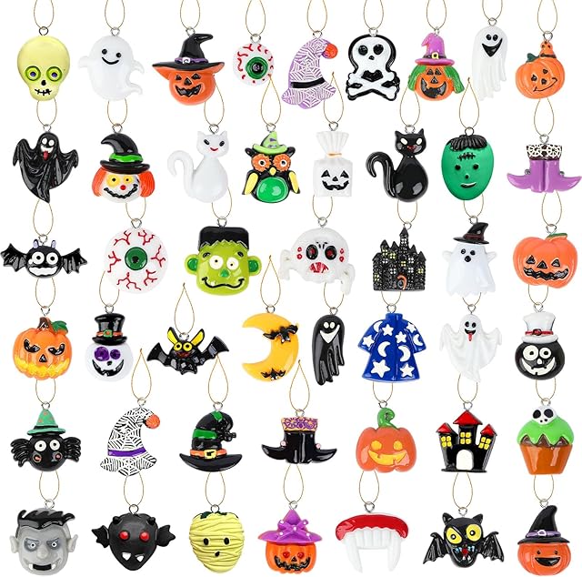 36PCS Mini Resin Halloween Ornaments - Tiny Hanging Decorations for Tree, Miniatures Figurines Charms With String, Resin Pendants for Party Decor, Small