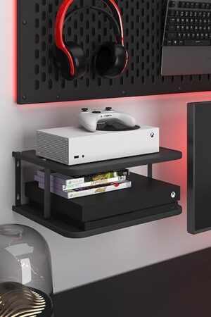 Black Projector Wall Shelf/Floating Under TV Game Double Shelf Stand for Xbox, Router/Entertainment Center, Projector Holder Accessories