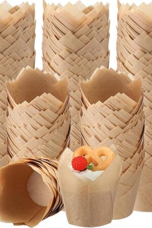 600 Pcs Tulip Cupcake Liners for Baking Muffin Liners Printed Baking Cups Holders Greaseproof Wrappers Decoration for Cupcake Bouquet Birthday Party Wedding Bride Shower(Kraft Paper Color)