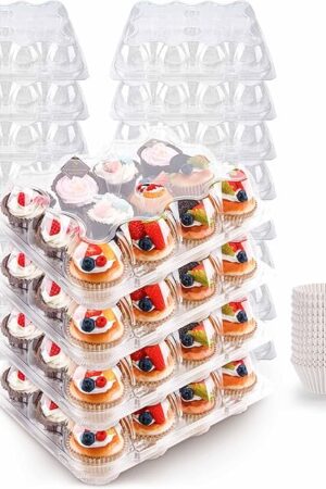 12 Count Cupcake Containers 12 Pack Cupcake Holders Plastic Stackable Cupcake Boxes with Detachable Tall Dome Lids and 144 Liners for 144 Cupcakes, BPA Free, Standard Size