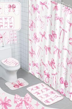 8 Pcs Pink Bow Shower Curtain Sets for Bathroom Decor Cute Coquette Bathroom Accessories Bow Knot Aesthetic Girly Shower Curtain Sets with Towels Carpet Bath Mat Toilet Rugs and 12 Hooks