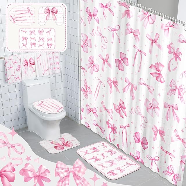 8 Pcs Pink Bow Shower Curtain Sets for Bathroom Decor Cute Coquette Bathroom Accessories Bow Knot Aesthetic Girly Shower Curtain Sets with Towels Carpet Bath Mat Toilet Rugs and 12 Hooks