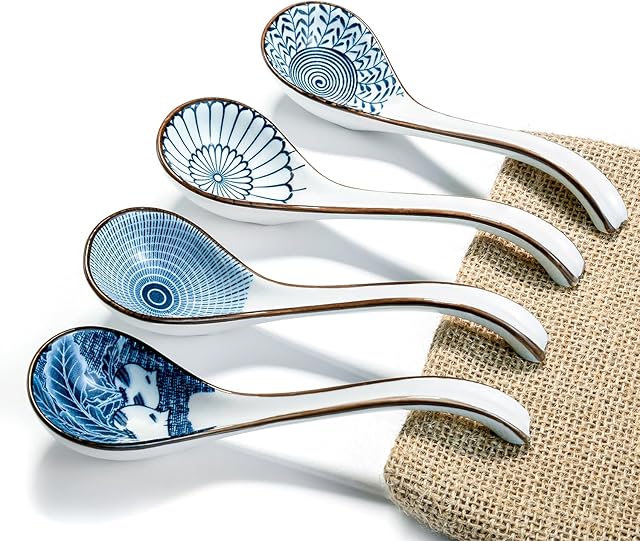 Asian Ceramic Soup Spoon, with Long Handle Easy to Hold, Non-slip Bottom, for Japanese Ramen, Chinese and Vietnamese Wonton, Noodle Soup Spoons (V86)