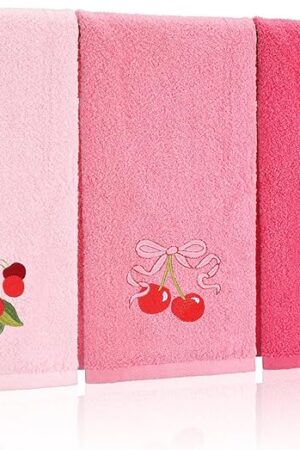 3 Pcs Cherry Hand Towels 14x29 Inch Spring Summer Pink Preppy Bow Cherries Bathroom Decor Cotton Embroidered Soft Absorbent Towels for Bathroom Kitchen