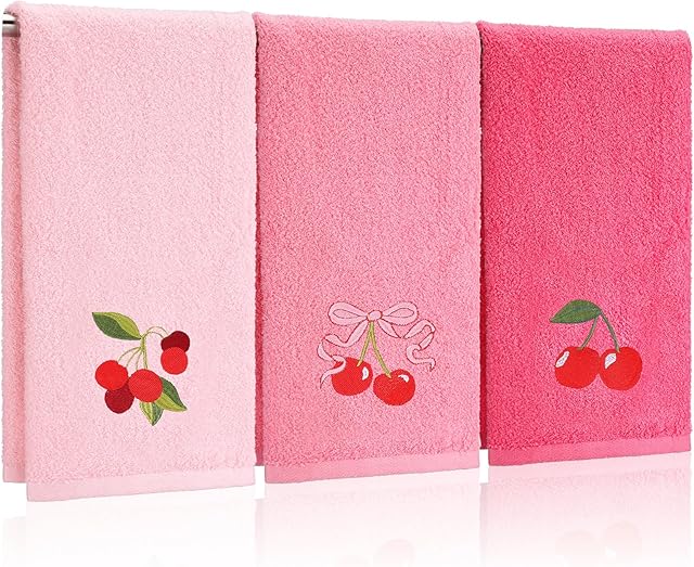 3 Pcs Cherry Hand Towels 14x29 Inch Spring Summer Pink Preppy Bow Cherries Bathroom Decor Cotton Embroidered Soft Absorbent Towels for Bathroom Kitchen