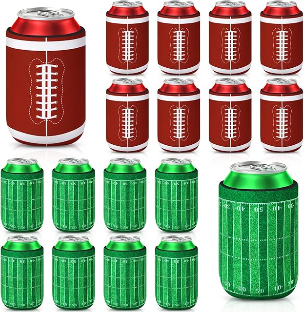 18 Pack Football Can Cooler Sleeves Beer Drink Can Bottle Cooler Sleeves Cooler Collapsible for Football Lovers Party Birthday Themed Party Decorations Supplies Favors