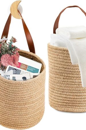 YOUEON Set of 2 Jute Hanging Basket 7.8" x 6.7", Small Wall Hanging Planter Baskets, Natural Jute Woven Storage Basket for Flower Plants Towels Sunglasses Wallet Keys, Boho Decor